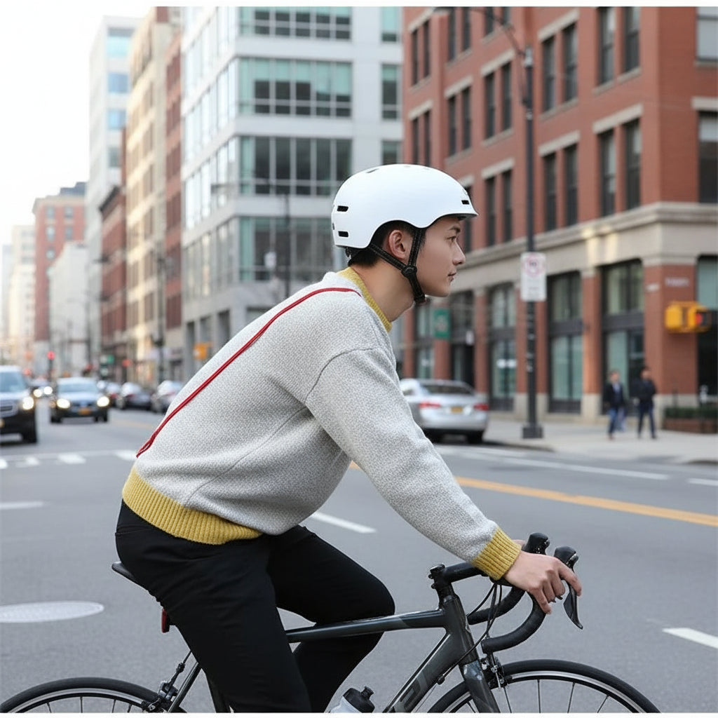 casque de velo intelligent lumisafe homme sur velo
