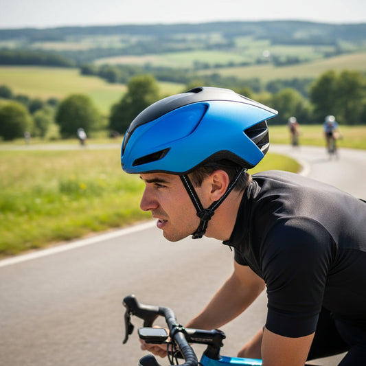 casque velo route bleu ultralight led homme sur route