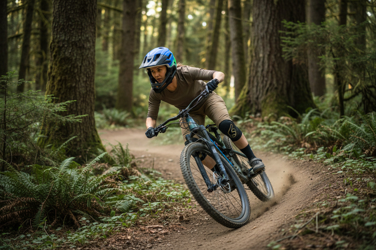 casque vtt ultra polyvalent femme sur sentier